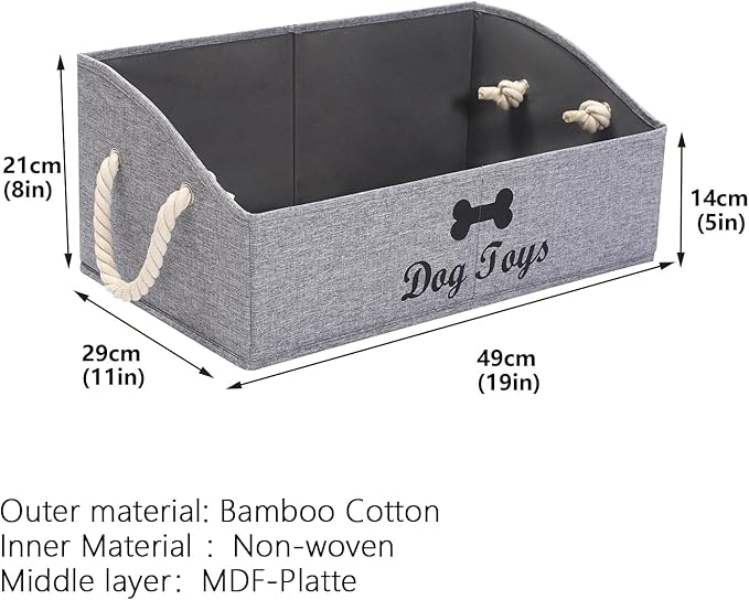 Geyecete Large Dog Toys Storage Bins-Foldable Fabric Trapezoid Organizer Boxes with weave Rope Handle,Collapsible Basket for Shelves(Snow Grey-DOG)