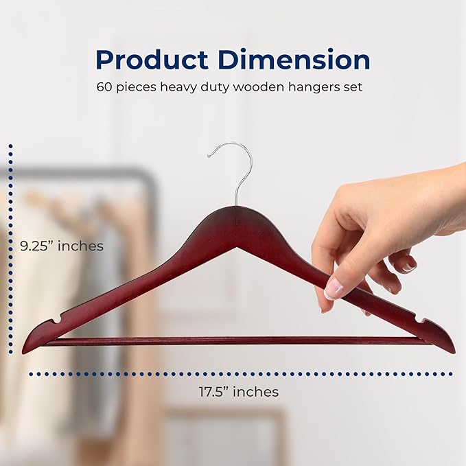 SereneLife 60-Pack Wooden Hangers Cherry Finish – Heavy Duty Suit & Clothes Hangers with Non-Slip Notches, Pants Bar, 360° Swivel Chrome Hook, 10 lb Capacity, Space Saving Closet Organization
