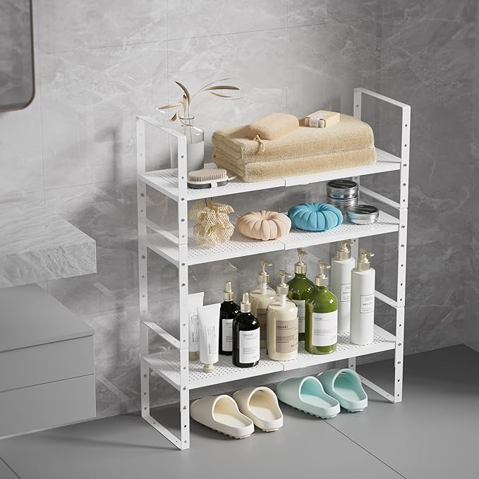 Multi-Functional Metal Shoe Rack,Expandable Adjustable Stackable Kitchen Organizer,Metal Shelf risers for cabinets, Kitchens and Closet, Bathroom(3Packs/White/Large)