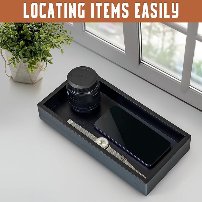Demigo Acacia Valet Tray, 12.2 x 6 in Men and Women Wooden Catch All Tray for Entryway Table, Bedside Nightstand Organizer, Home Office, Tabletop Storage Vanity for Wallet, Jewelry, Perfume (Black)