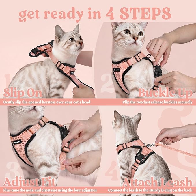rabbitgoo Cat Harness and Leash for Walking, Escape Proof Soft Adjustable Vest Harnesses for Cats, Easy Control Breathable Reflective Strips Jacket, Light Salmon Pink, M