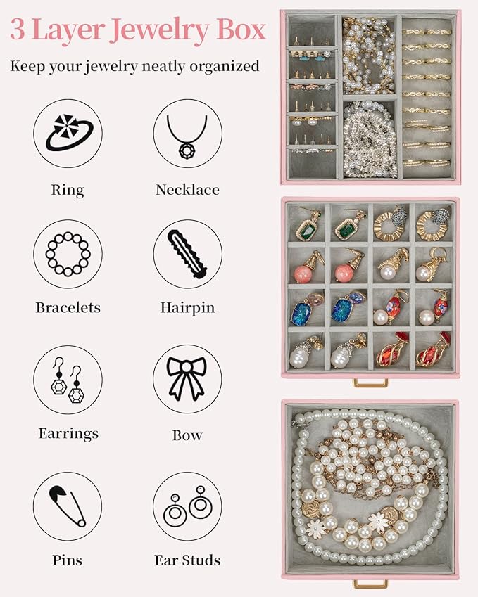 TORIBIO Jewelry Box for Women, Leather Jewelry Organizer with Mirror & Lock, 3-Tier Jewelry Storage Organizer with 2 Drawers for Girls/Women/Mothers, Necklace Earring Bracelets Holder Organizer