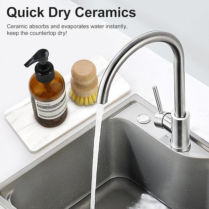 Set of 4 Water Absorbing Stone Drying Tray for Bathroom Sink Kitchen Hand Soap Coaster Diatomite Toothbrush Holder Quick Dry Marble Bathroom Vanity Trays Diatomaceous Earth Dish Kitchen Counter Tray