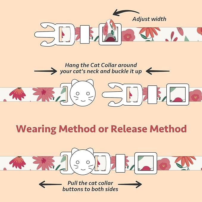 2 Pack Cotton Breakaway Cat Collar Green and Red Flowers Pendant Cute Kitten Cat Collar with Bell