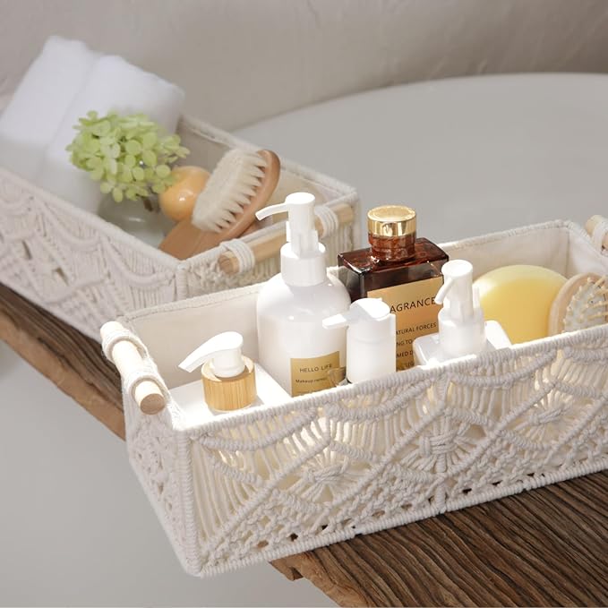 BROWNLILY Macrame Storage Baskets Boho Decor Gift Box Woven Toilet Paper Basket with Wood Handles Home Decorative Baskets for Organizing on Shelf Cabinet Countertop Livingroom - Set of 2