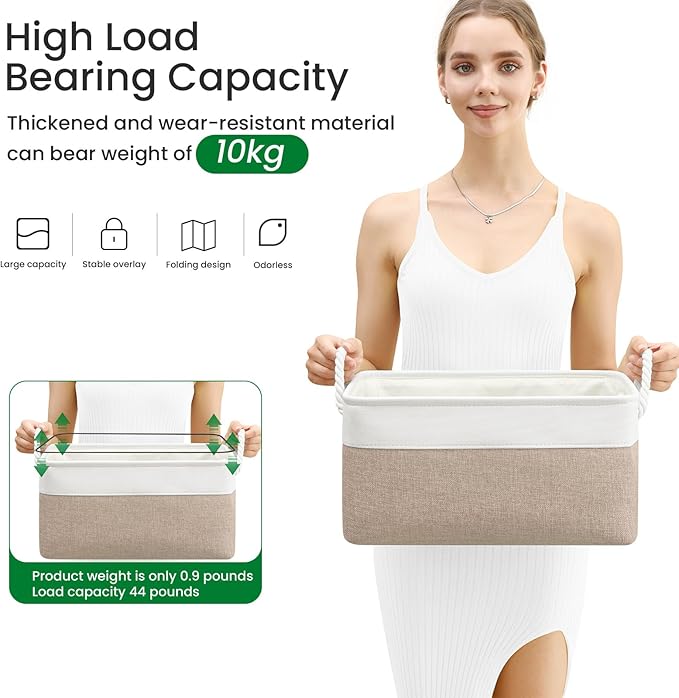 Storage Baskets, Fabric Storage Bins, Versatile Storage Baskets for Shelves with Handles, Large Closet Organizers for Shelves, Clothing, Toys, Books (3-Pack 15.7x11.8x8.2 inch, White&Khaki)