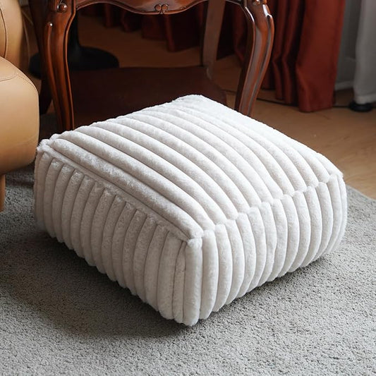Unstuffed Pouf Ottoman Cover Soft Storage Extra Seat Farmhouse Comfortable Bohemian Poufs Accent Footrest 20x20x8 Inches for Living Room Bedroom Study Nook (Beige B, Square)