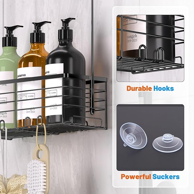 YUOROS Hanging Shower Caddy, Over the Door Shower Organizer Rack 304 Stainless Steel Rustproof (Black)