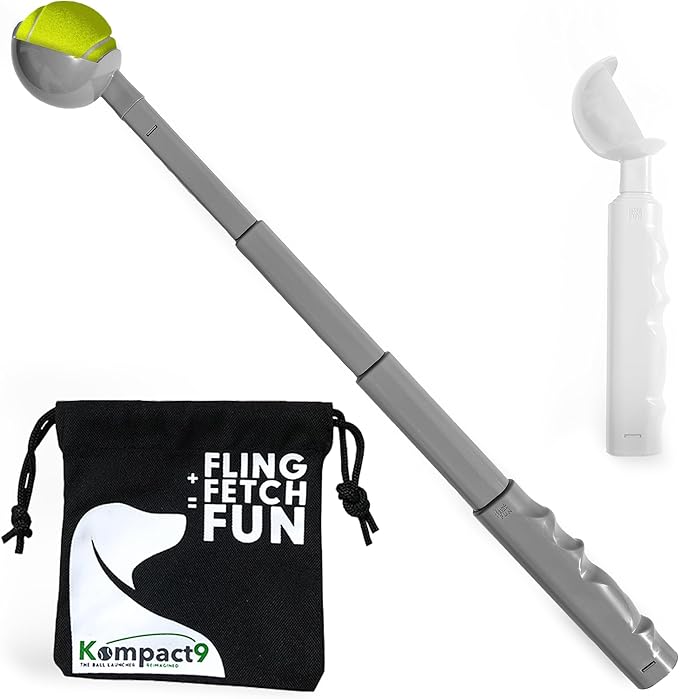 Kompact9 | Retractable Pocket-Sized Ball Launcher, Eco-Friendly & Portable Dog Fetch Toy, Made from Recycled Plastic, UK Designed, Fits Standard Tennis Balls Perfect Dog Exercise Equipment | Silver