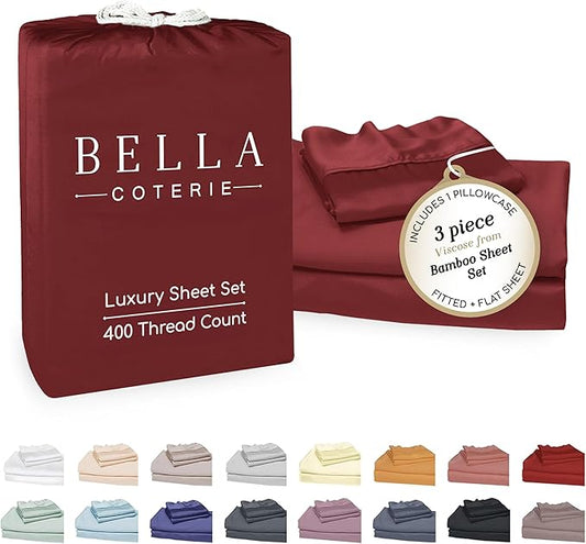 Bella Coterie Luxury Bamboo Viscose Twin Size Sheet Set | 100% Organically Grown | Ultra Soft | Cooling for Hot Sleepers | 18" Deep Pocket [Merlot]