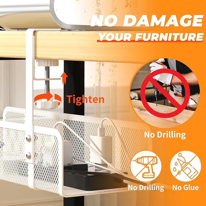 Under Desk Cable Tray - Wire Management Organizer Box, Cord Raceways for Office, Home - No Damage, No Drill