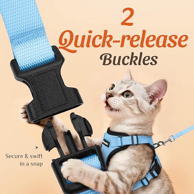 Dooradar Cat Harness and Leash Set, Escape Proof Safe Adjustable Kitten Vest Harnesses for Walking, Easy Control Soft Breathable Mesh Jacket with Reflective Strips for Cats, Light Blue, S