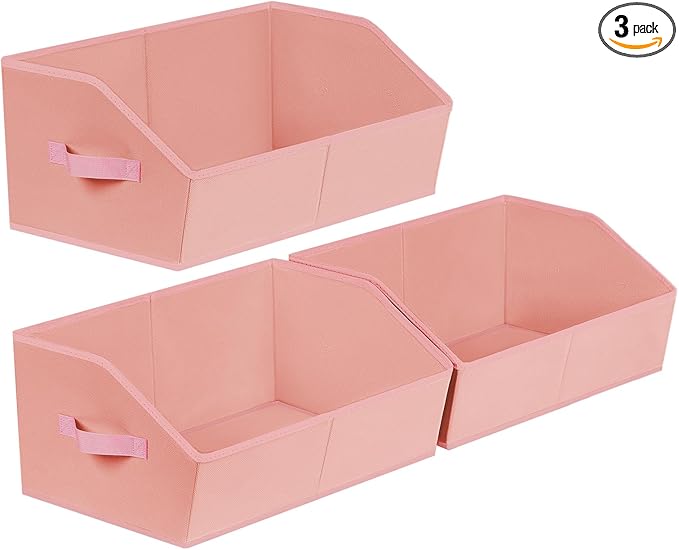 Closet Baskets for Shelves Trapezoid - Decorative Storage Baskets with Handle, Closet Bins for Organization, Shelf Storage Bins for Clothes, Books, Home, Office, 3 Pack, Pink