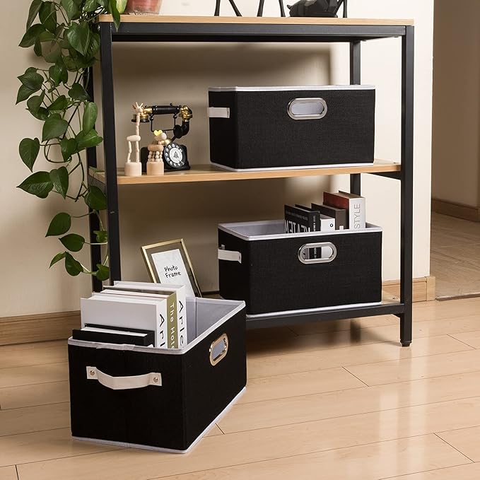 PRANDOM Large Collapsible Storage Bins for Closet [5-Pack] Decorative Fabric Storage Baskets Cubes with Leather/Metal Handles for Shelves Bedroom Living Room Black (14.9x9.8x8.3 Inch)