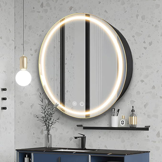 26inch Round Medicine Cabinet with Lights,Led Medicine Cabinet with Defogger,Illuminated Mirror Cabinet for Bathroom,Dimmable,Anti-Fog,3000k-6500K Color Temperature
