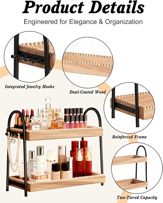 2-Tier Perfume & Makeup Organizer with 8 Jewelry Hooks, Eco-Coated Paulownia Wood Vanity Tray for Bathroom, Coffee Bar & Dresser - Large Storage Shelf for Skincare Bottles (Light Brown & Black)