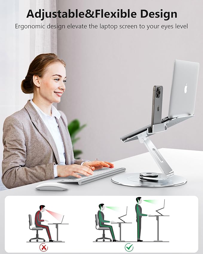 NTMY Adjustable 360 Rotating Laptop Stand with Phone Holder, Foldable for Desk, Ergonomic Fits MacBook, All Notebooks up to 17.3 inches