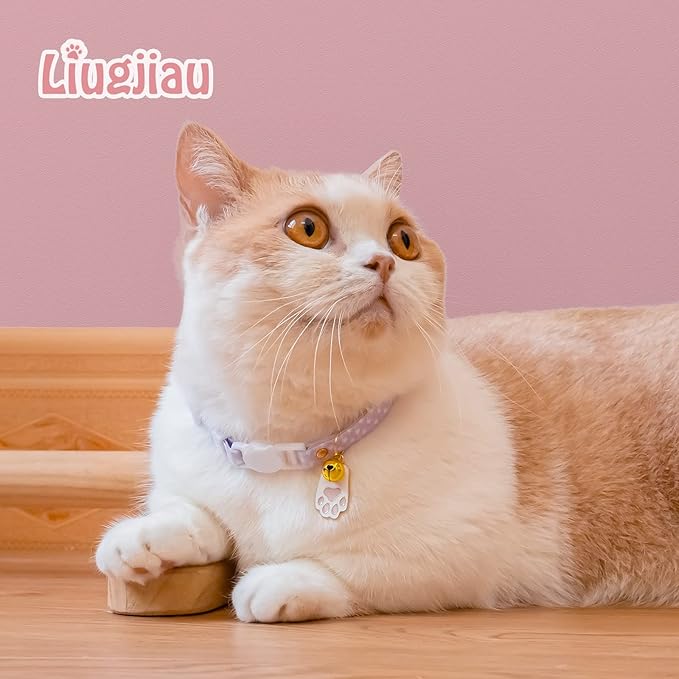 2 Pack Cotton Breakaway Cat Collar with Bell Yellow & Purple Egg Paw Pendant Cute Kitten Cat Collar Suitable for Girls and Boys