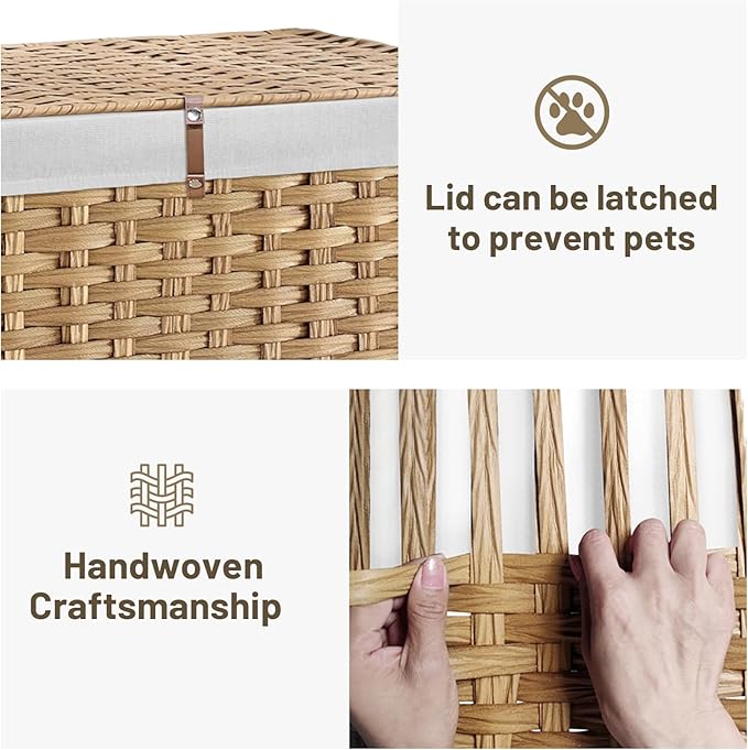 240L Wicker Storage Basket with Lid, Handwoven Rattan Large Shelf Basket with Removable Liner, 47.6 Gallon Wicker Basket for Blanket, Storage Trunk with Handle for Closet, Bedroom, Livingroom, Natural