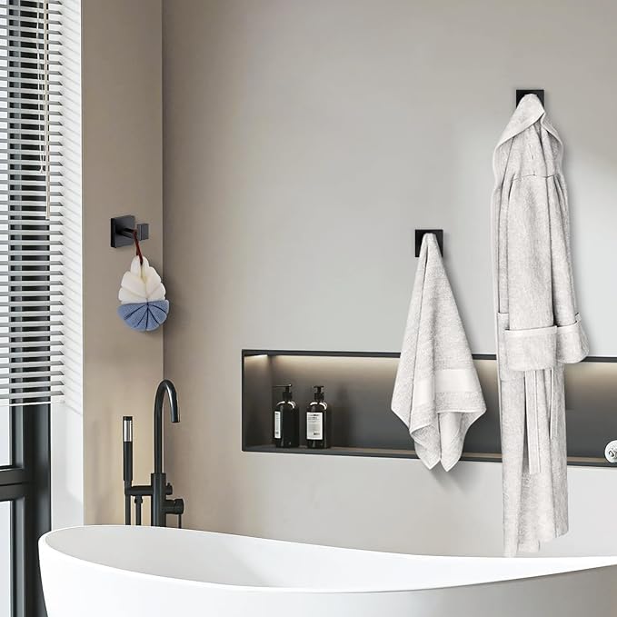 Matte Black Towel Hooks for Bathrooms, Heavy Duty Wall Mounted Stainless Steel Modern Hook, 4 Pack – Ideal for Hanging Towels, Robes, Coats, in Kitchen, Bedroom, Bathroom, or Hotel