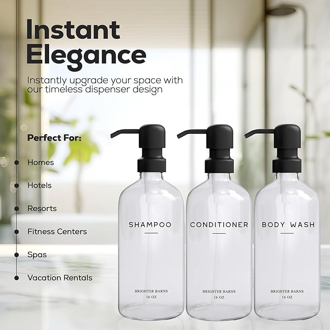Clear Shampoo and Conditioner Dispenser Set by Brighter Barns - Body Wash, Shampoo Dispenser for Shower with Pump - Refillable Plastic Shower Bottles for Bathroom Decor in Home, Airbnb, Hotel (Clear)