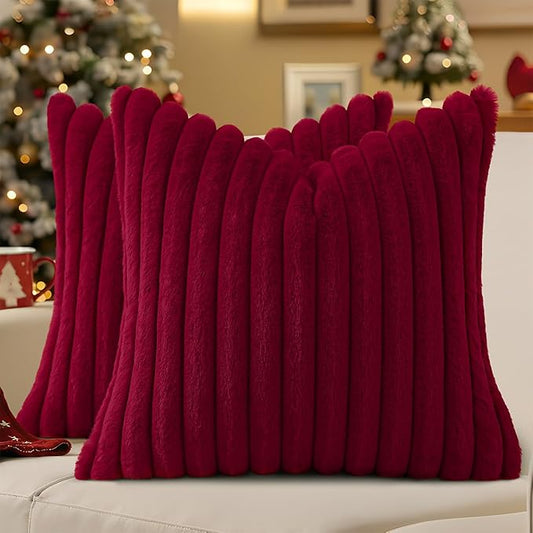 decorUhome Faux Fur Spring Throw Pillow Covers 24x24 Set of 2, Decorative Soft Plush Striped Neutral Couch Euro Sham Pillow Covers with Velvet Back for Sofa, Bed, Living Room Home, Burgundy