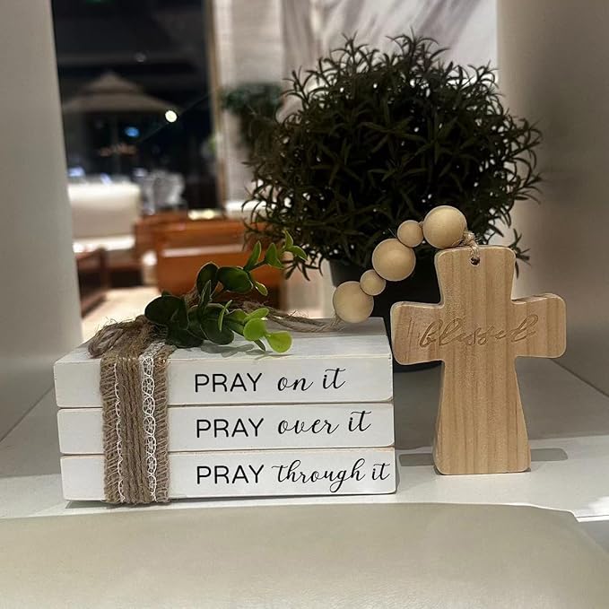 Farmhouse Mini Tiered Tray Decor, Religious Christian Book Stack, Pray On It Bookstack with Wood Bead Tassels and Cross,Christian Books Shelf Decoration (daztbible10)