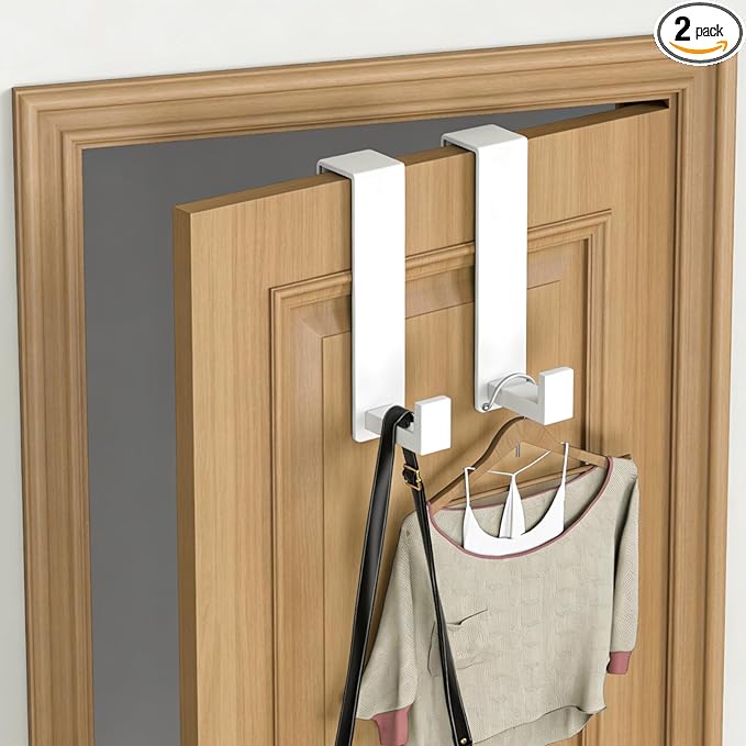 PMMASTO 2-Pack Over The Door Hooks - Rustproof Stainless Steel Door Hangers for 1-3/4 Inch Doors, Non-Marking and Tool-Free Easy Install (White, L Shape-Fits 1-3/4" Thick Door)