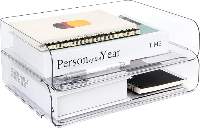 2 Pack Stackable Desk Letter Paper Tray, A4 Clear Plastic Desk File Organizer Letter Tray, Desktop File Paper Organizer with Anti-Skid Design for Office Desktop