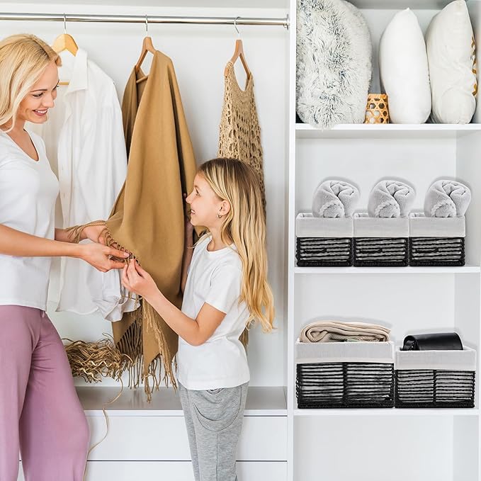 Vagusicc Wicker Storage Baskets, Hand-Woven Paper Rope Black Baskets for Storage, Rectangular Small Wicker Baskets for Organizing, Cube Storage Bins for Closet/Clothes/Dresser, Black, 5-Pack