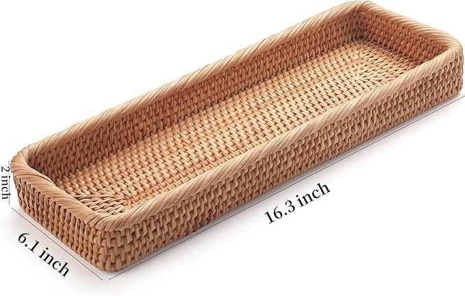 Rattan Bathroom Vanity Tray, Toilet Tank Basket Tray for Paper Hand Towel, Bathroom Counter Tray for Organizing and Decor (Natural, 16.3" x 6.1" x 2")
