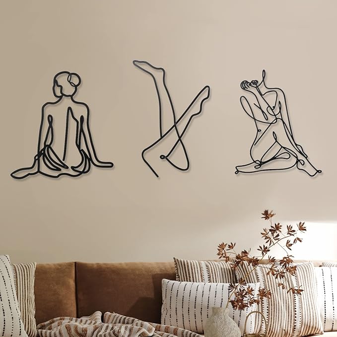 Photect 3 Pcs Metal Wall Art Decor Minimalist Abstract Woman Wall Art Metal Modern Line Drawing Decor Female Single Line Home Hanging for Bedroom Bathroom Living Room Christmas Housewarming(Fresh)