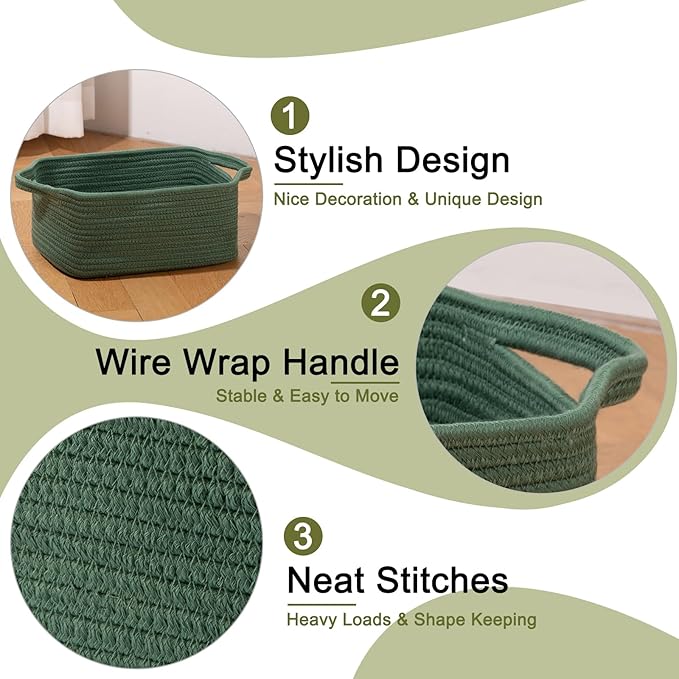 OIAHOMY Cotton Rope Woven Baskets for Storage, Nursery Rectangle Storage Basket with Handles for Shelves, Pack of 3, Green