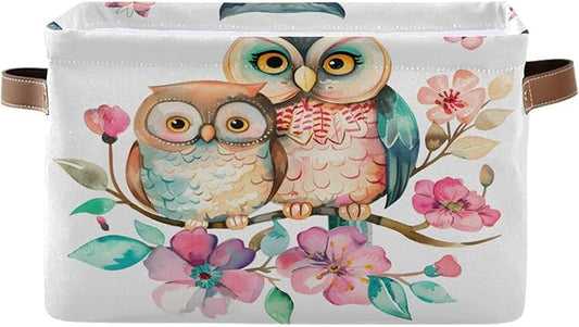 Large Storage Basket Cute Owl Couple Flowers Storage Bin Cube Canvas Fabric Organizer Handles Collapsible for Clothes Toys Bedroom Decorative