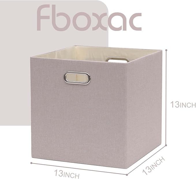 Cube Storage Bins 13×13 Linen Foldable Box with Handles, Collapsible Organization Basket Set of 4 Large Capacity Drawer for Closet Shelf Cabinet Bookcase Bedroom, Beige Sepia