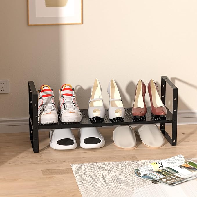 Multi-Functional Metal Shoe Rack,Expandable Adjustable Stackable Kitchen Organizer,Metal Shelf risers for cabinets, Kitchens and Closet, Bathroom(1Pack/Black/Medium)