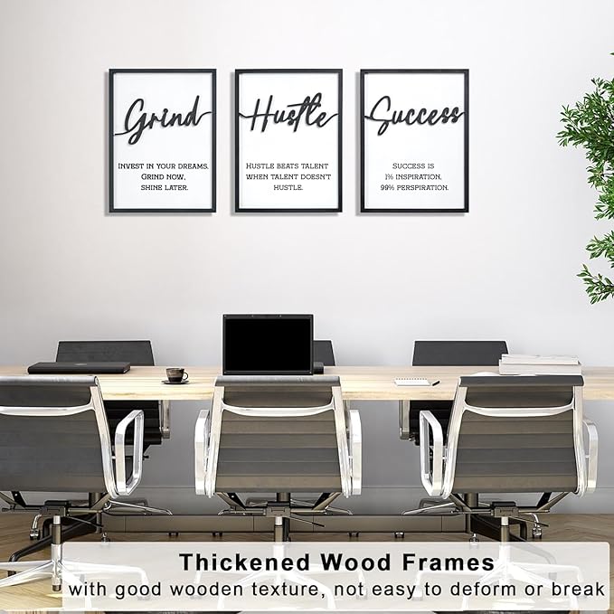 3D Wood Inspirational Office Wall Decor, 36" x 16" Framed Grind Hustle Success Motivational Wall Art, Positive Quotes Wall Art for Home Office Bedroom (Ready to Hang, Set of 3, Framed)