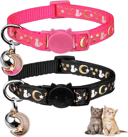 Baeuppit 2PCS Breakaway Cat Collars with Bell Moons Stars Cute Kitty Adjustable Safe Kitten Collars with Pendant Glow in The Dark(Black&Pink)