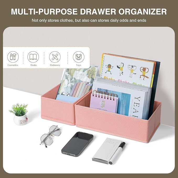 DIMJ Drawer Organizers - Set of 12 Fabric Closet Organizers and Storage, Drawer Dividers for Baby Clothes, Socks, Belt, Tie (Pink)