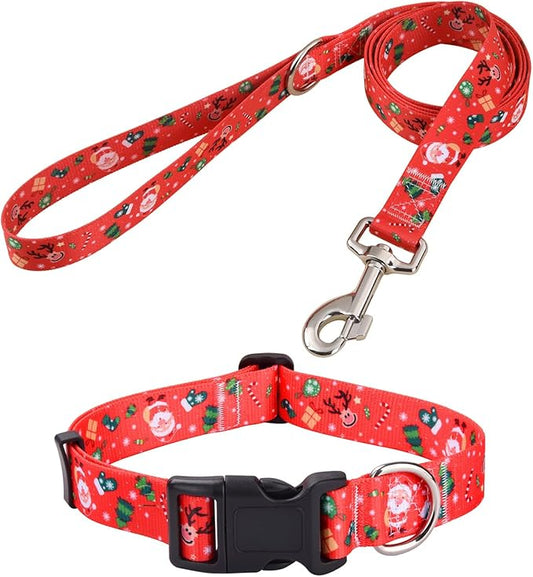 Christmas Dog Collar and Leash Set - Premium Adjustable Dog Collar for Small Medium Large Dogs (Christmas Set,M)