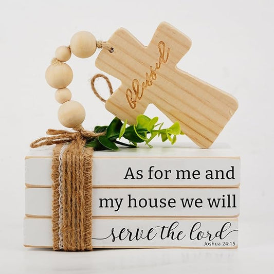 Mini Christian Bible Verse Tiered Tray Decor, Scripture Signs, As For Me and My House We Will Serve The Lord, Wood Stacked Books with Bead Tassels and Cross (daztbible02)