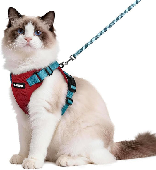 rabbitgoo Cat Harness and Leash for Walking, Escape Proof Soft Adjustable Vest Harnesses for Cats, Easy Control Breathable Reflective Strips Jacket, Red & Teal, M