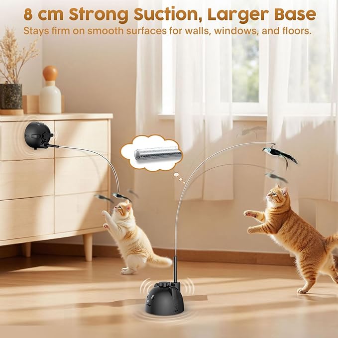 Interactive Cat Toys for Indoor Cats: Upgraded 360° Automatic Spin Flying Bird Feather Wand with Silicone Protected Rod Safe Play, Strong 8cm Suction Cup, USB-Rechargeable for Bored Kittens and Adult