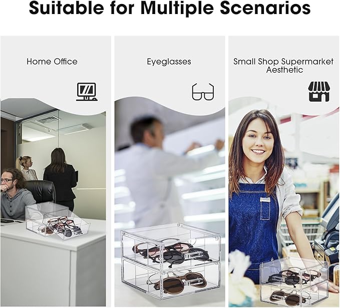 Clear Acrylic 2-Drawer Storage Glasses Organization Drawers Makeup Organizer Box Holder for Sunglasses, Small Items, Makeup Brush Sets, Jewelry Trays and Accessories, 7.24”x7.56”x5.6” (Transparent)