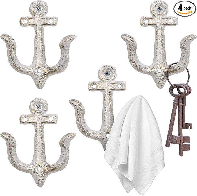 XINGYAN Vintage Rustic Cast Iron Nautical Sea Anchor Design Wall Hooks,Home Coat Rack,Decorative Wall Mounted Antique Shabby Chic Metal Bathroom Towel,Coat Hooks,Hanger,Screws Inside (Beige[4pcs])