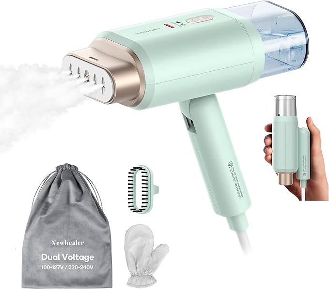 Newbealer Dual Voltage Travel Steamer - 120V/220V Handheld Steamer for Clothes, 1200W Horizontal & Vertical Steaming, 20s Heat-up, Foldable, 180ml Garment Wrinkle Remover (Green)
