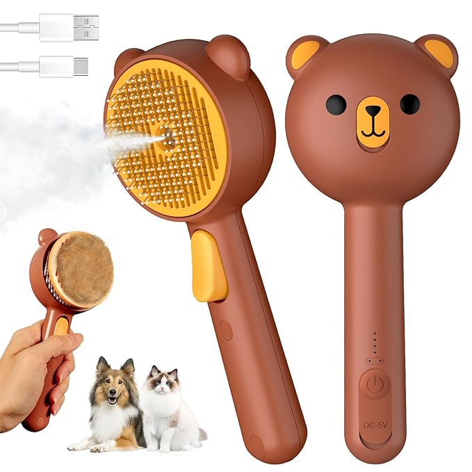 Cat Steam Brush, Self Cleaning Pet Spray Hair Removal Comb with Release Button, 3 in 1 Cat Brush for Indoor Cats, Waterproof Pet Grooming Brushes for Long Short Haired Dogs Cats（Brown）