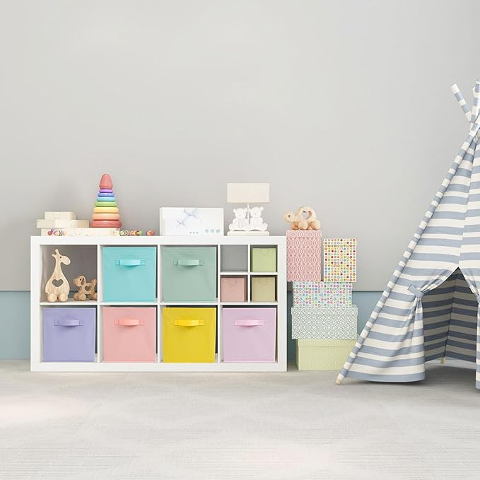 Fabric Storage Bins 12 Pack 13 inch Foldable Storage Cubes with Handles Fun Colored Durable Cube Storage Bin for Home, Playroom, Closet Organizers and Storage Green, Cyan, Purple, Yellow, Pink, Peach