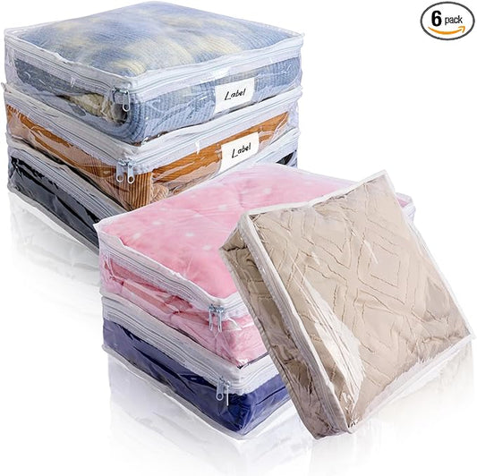 Clear Zippered Storage Bags Plastic Sweater Storage Bags with Zipper 6 Packs Clothing Organizer for Blankets Linen Sweater Bed Sheet Quilt Clothes Pillow (10.5 x 10.5 x 2.5 Inch)