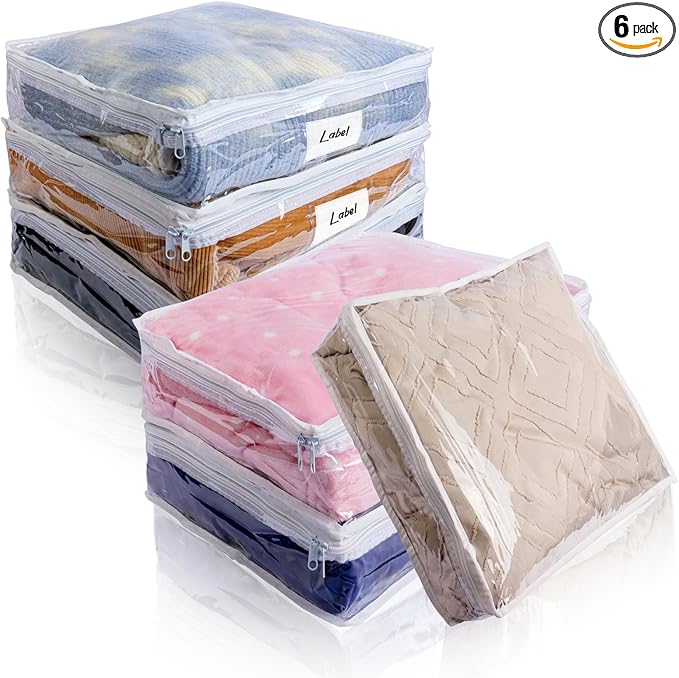 Clear Zippered Storage Bags Plastic Sweater Storage Bags with Zipper 6 Packs Clothing Organizer for Blankets Linen Sweater Bed Sheet Quilt Clothes Pillow (12 x 12 x 4 Inch)